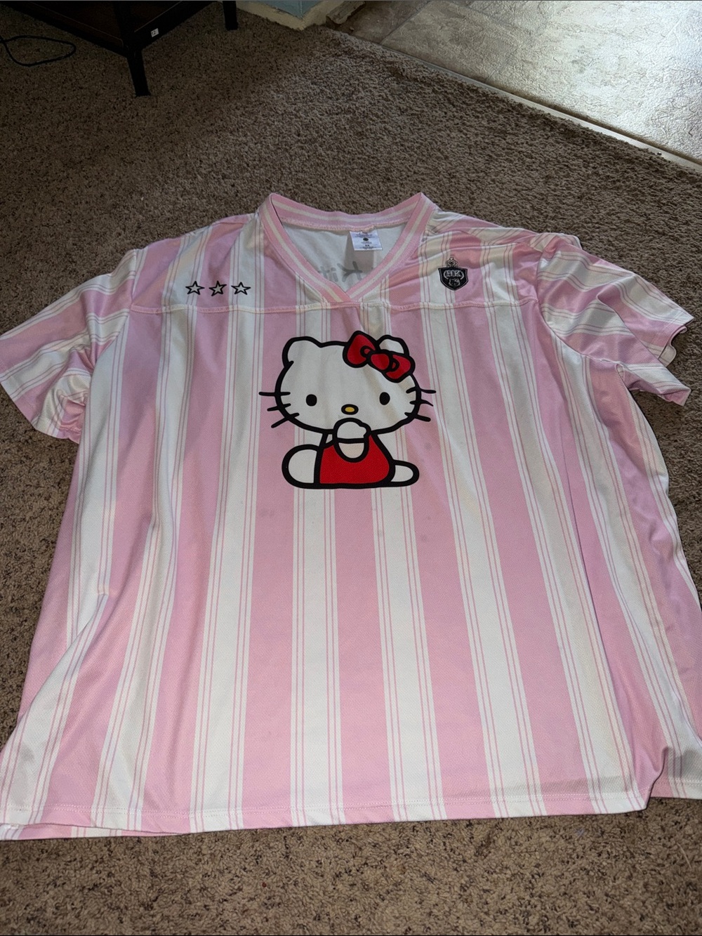 Hello Kitty Pink, White & Red Striped Jersey Top